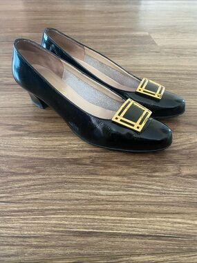 Salvatore Ferragamo Black Patent Leather Pumps with Gold Buckle size 6.5